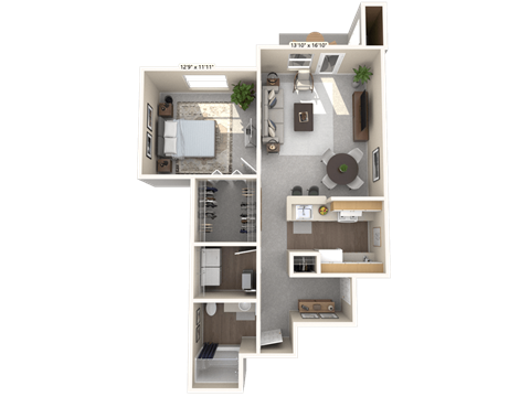 A 3D floor plan of a house with a kitchen, living room, and bedrooms